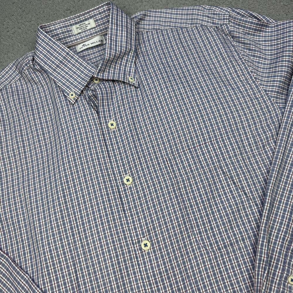 Peter Millar Shirt Mens Medium Blue Red Check Plaid Button Down Silk Blend Woven